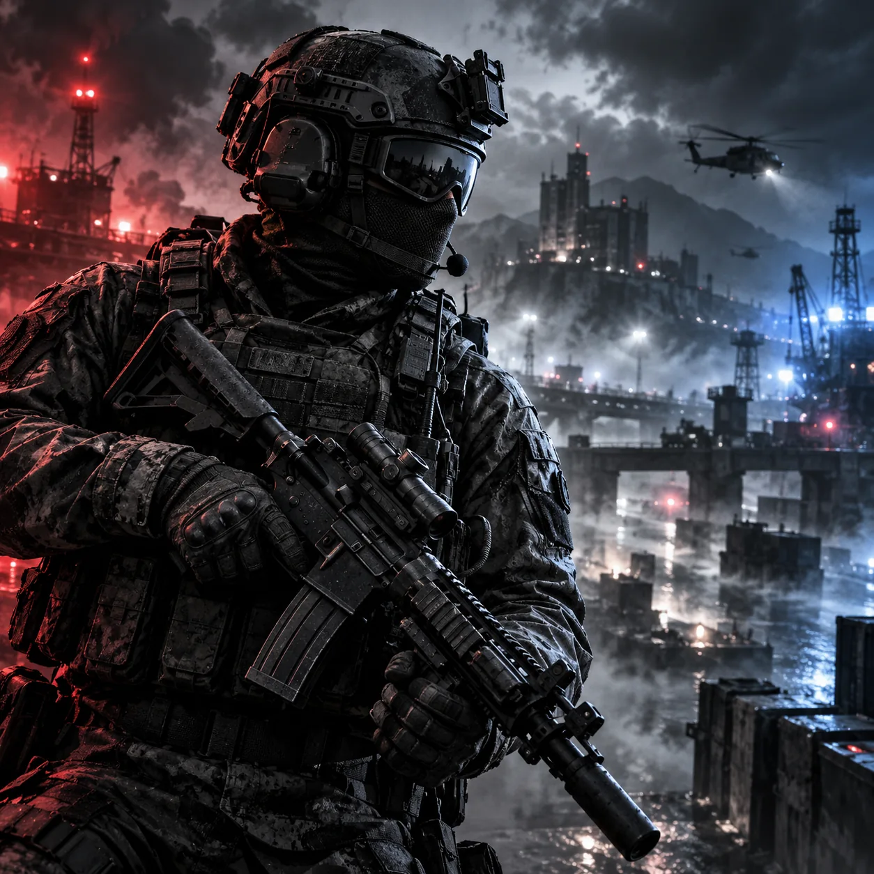 Tactical game character in a smoke-filled arena